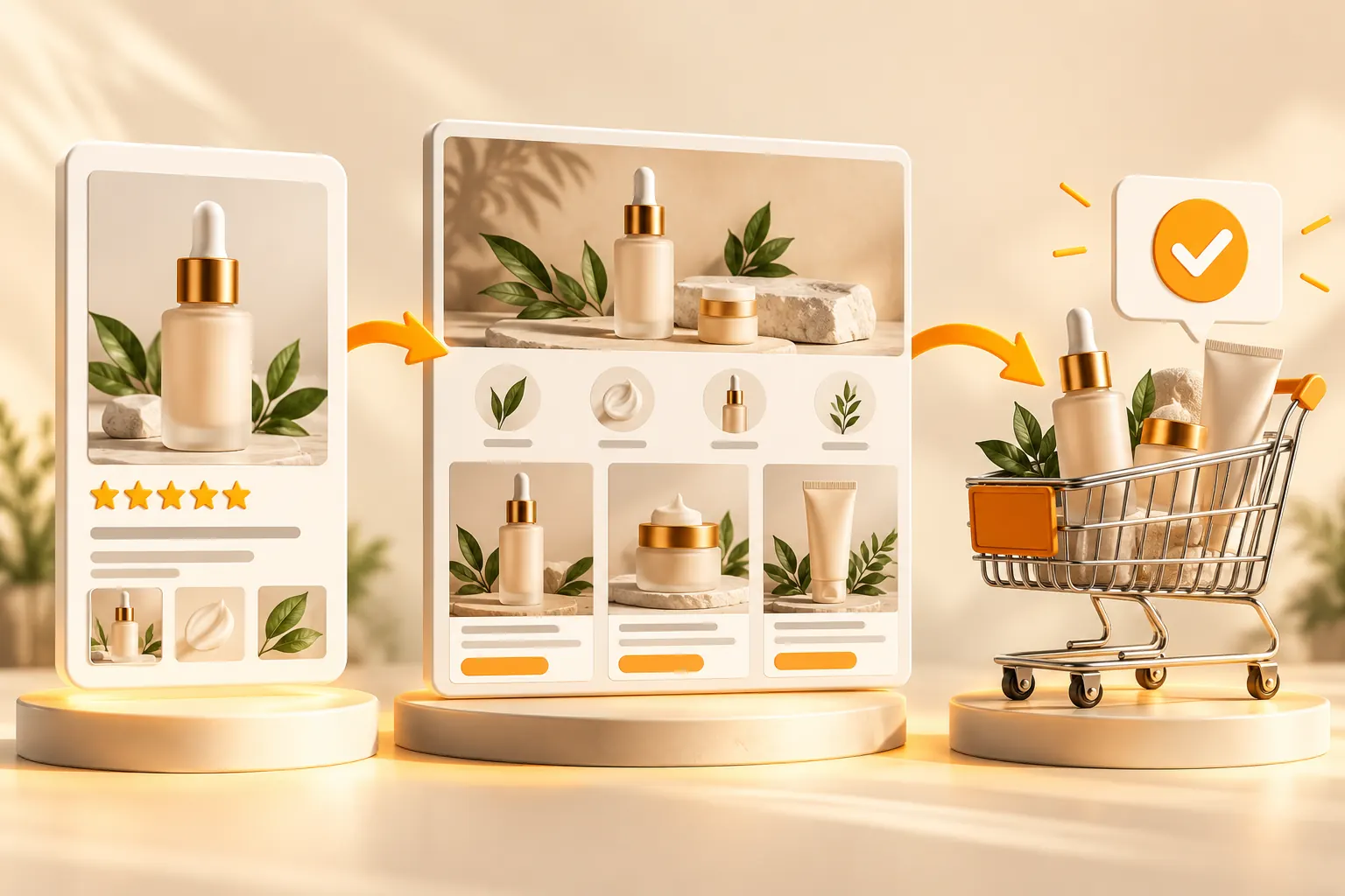 Illustration: a new product moving from listing to product page to shopping cart