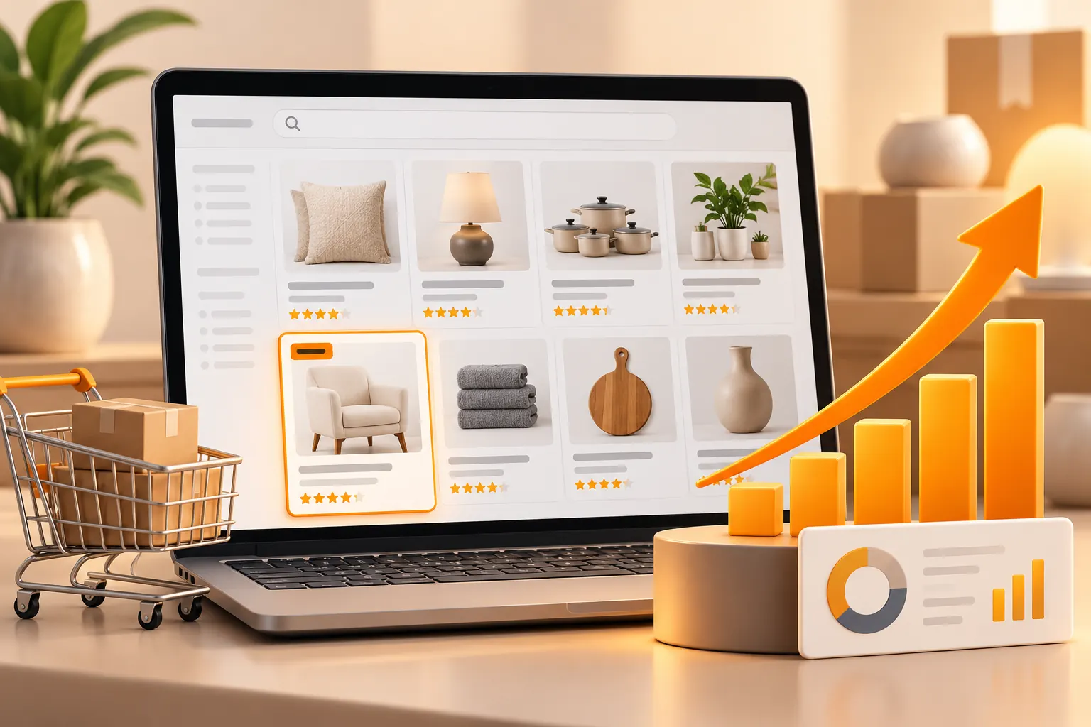 Illustration: a sponsored product highlighted in Amazon search results with sales rising