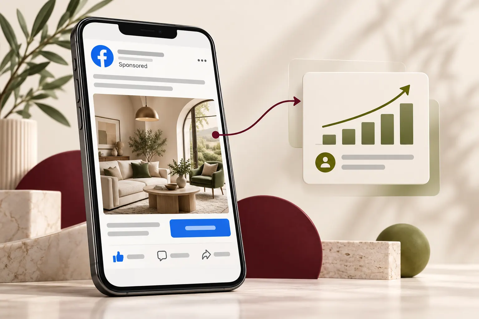 Illustration: a sponsored Facebook post feeding into rising results