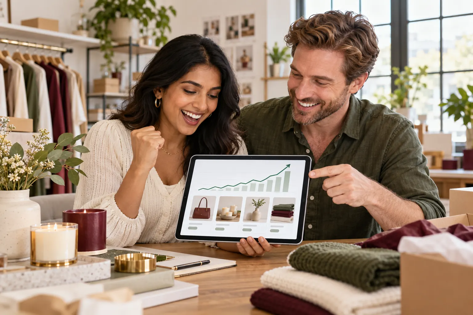 Boutique owner celebrating campaign results on a tablet