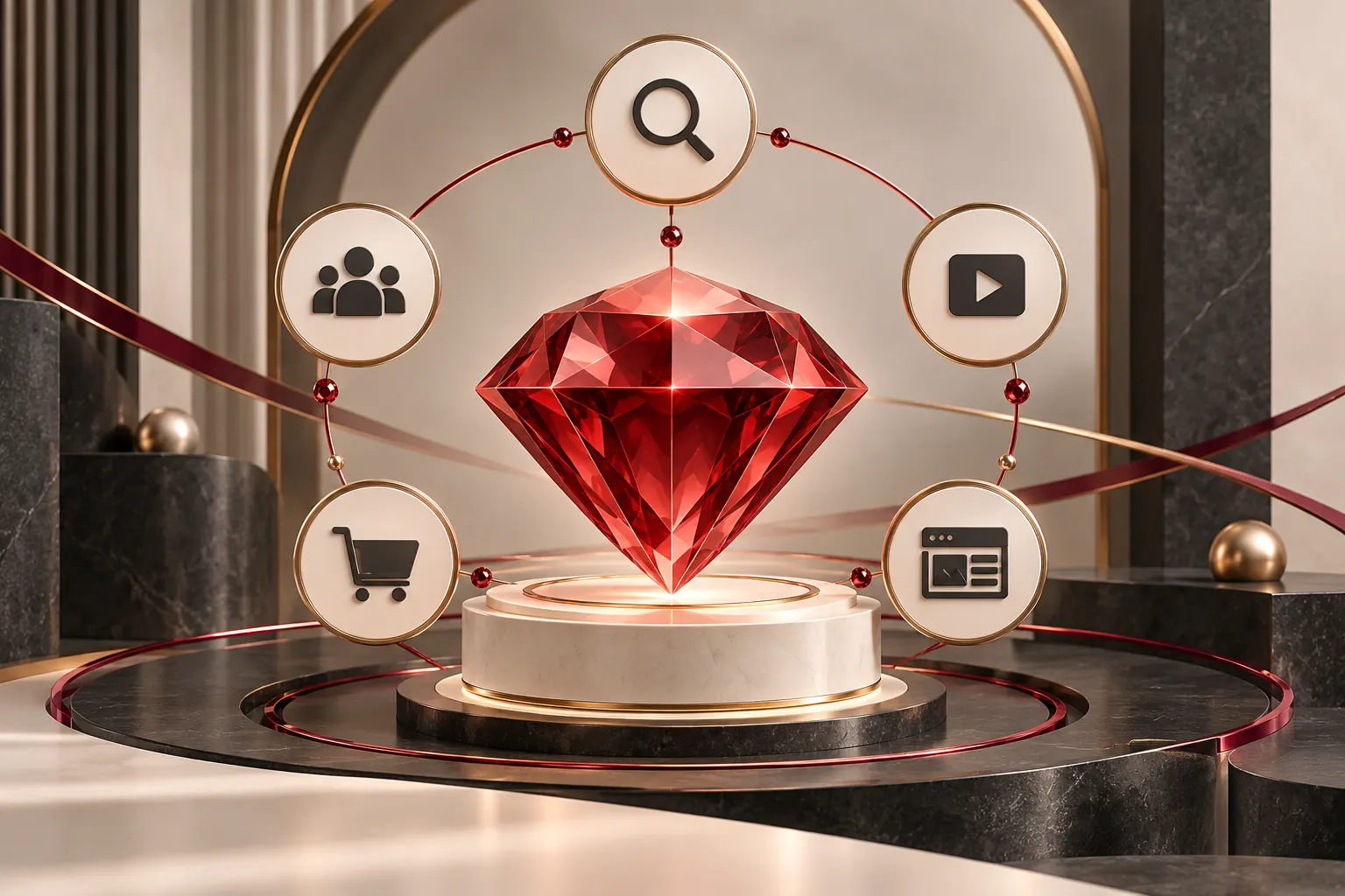 Illustration: a red gem at the center of search, audience, video, shopping and display channels