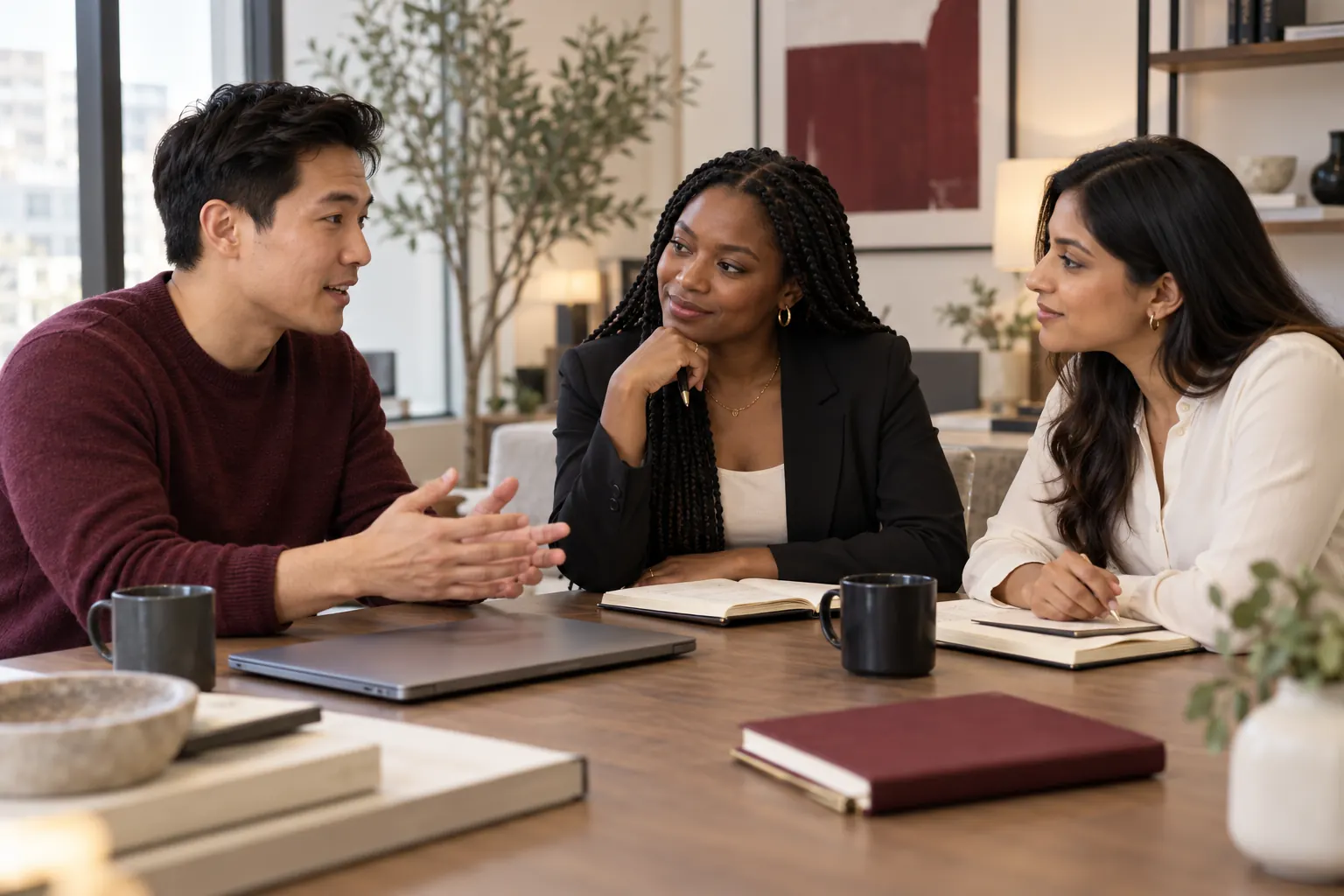 Consultants discussing strategy around a table