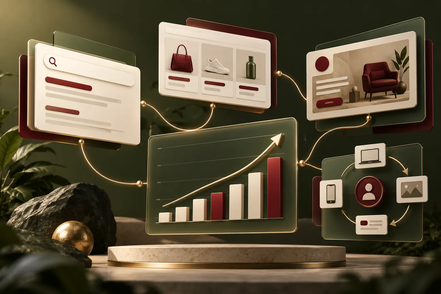 Illustration: search, shopping, display and audience campaigns connected to a growth chart