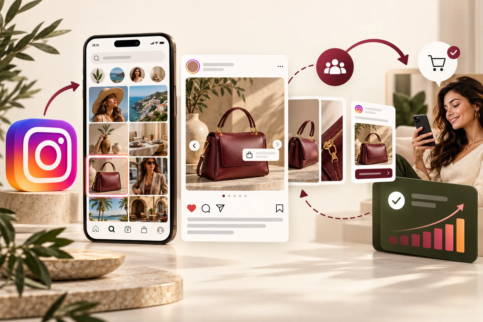 Illustration: an Instagram Explore ad leading to retargeting and a completed purchase