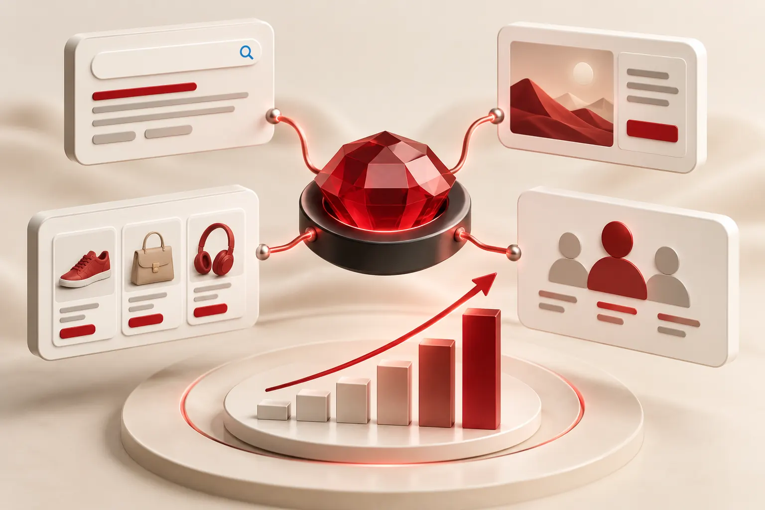 Illustration: search, shopping, display and audience campaigns connected to one hub