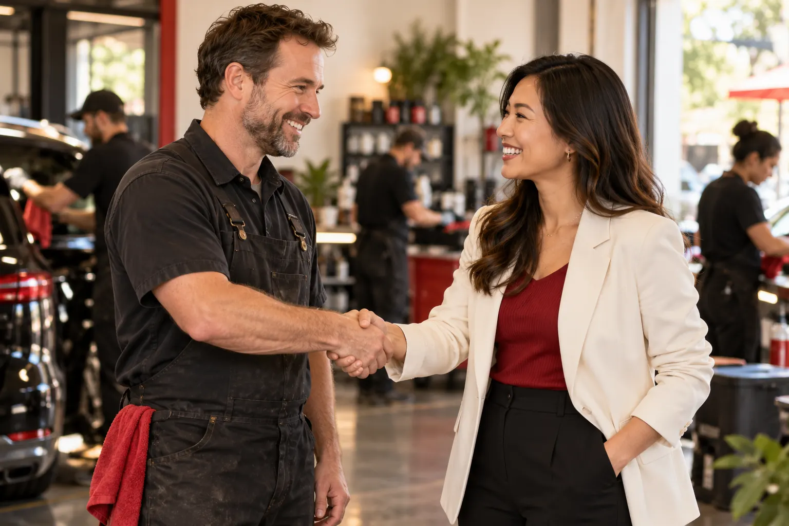Auto repair shop owner shaking hands with a consultant